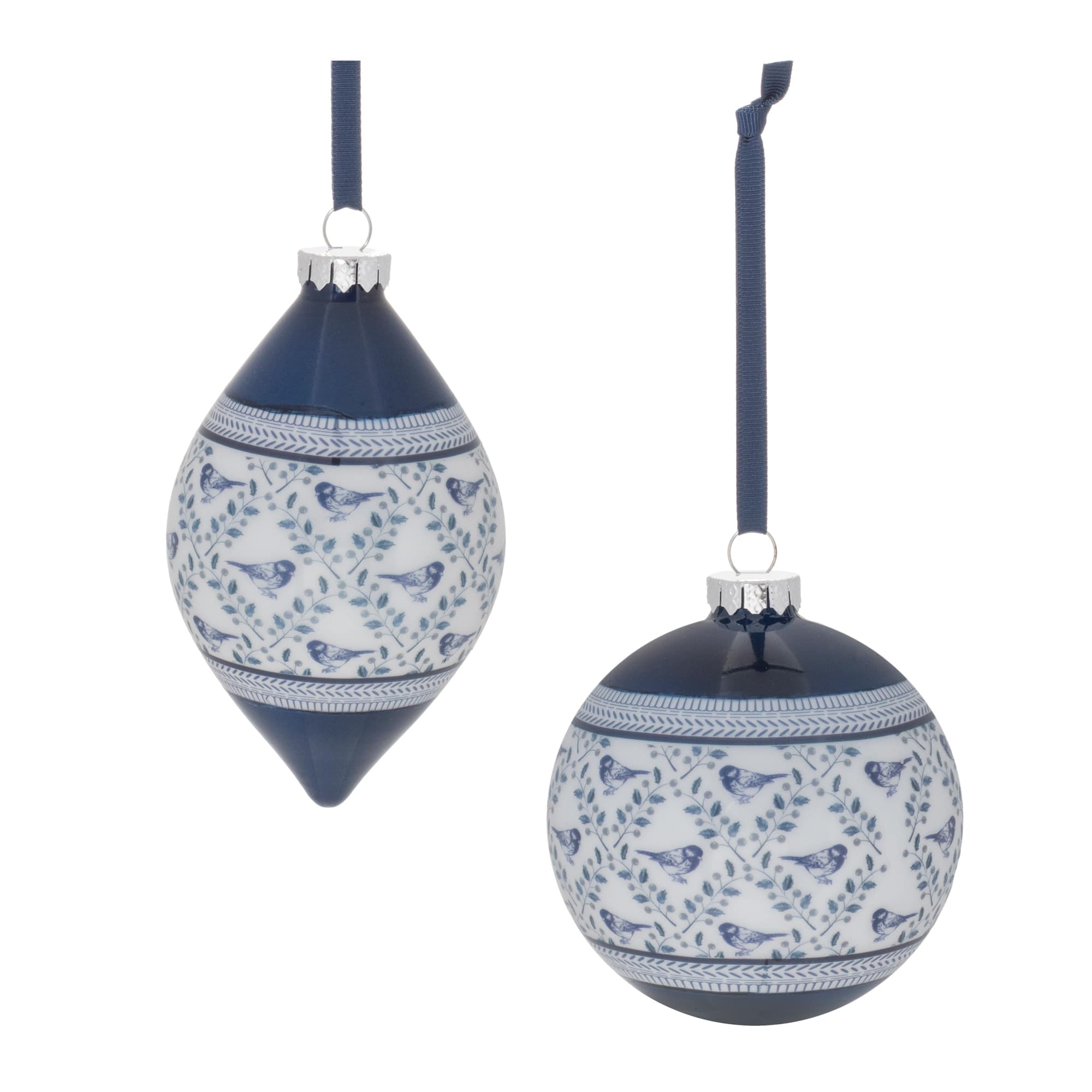 White & Blue Glass Bird & Floral Print Christmas Ornaments Set